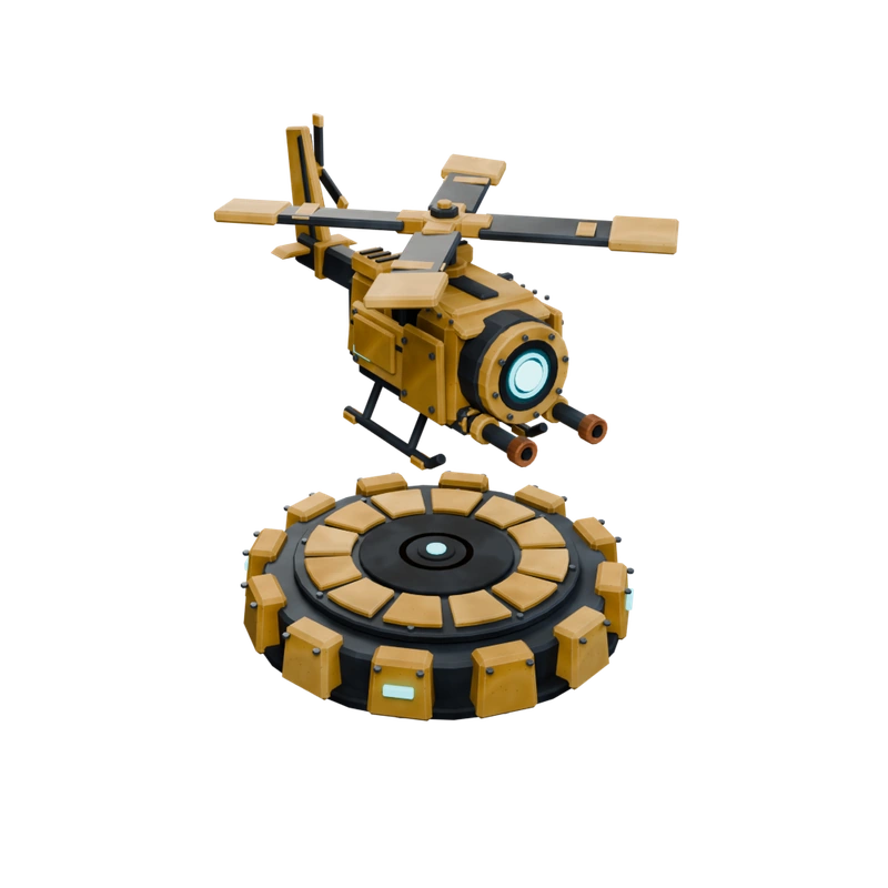 Bolt Copter: a brass aircraft hovering over its circular dark iron helipad.