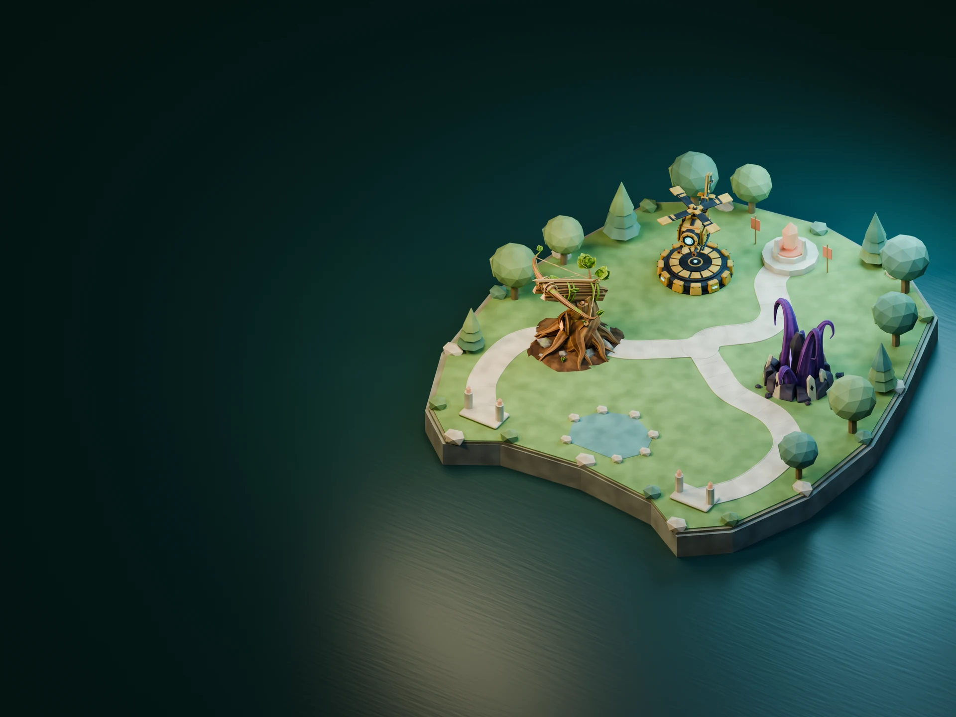 A carved island battlefield with stone roads, a wooden Splinter, a brass Bolt Copter and violet Tendril tower.