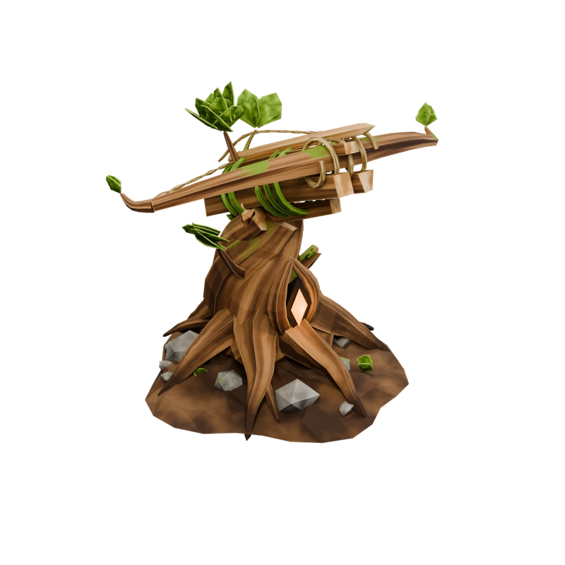 Splinter: a carved wooden crossbow tower with roots, leaves and an amber heart.